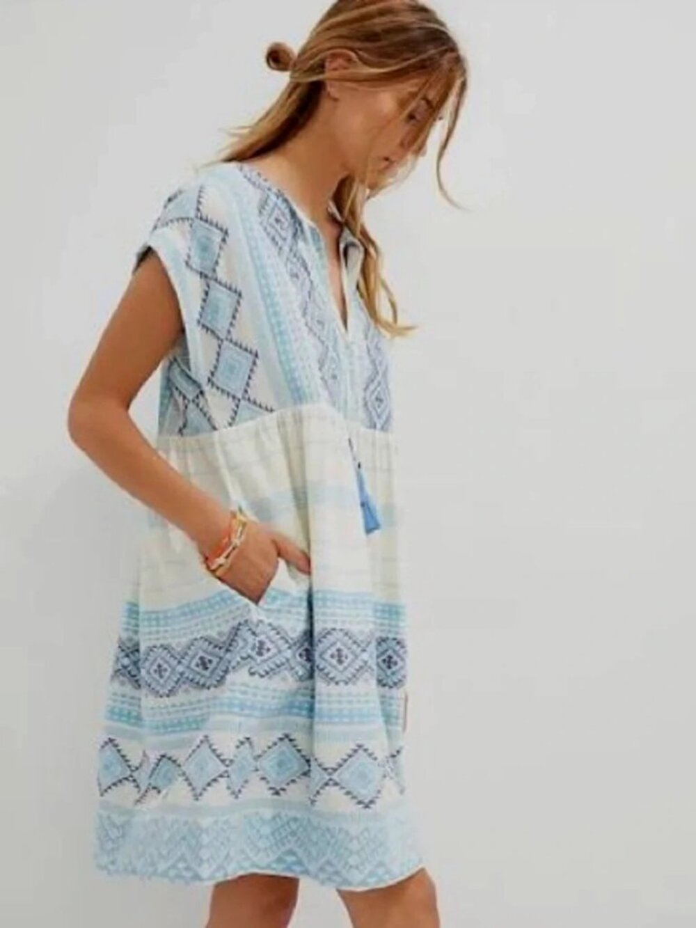 NEW Anthropologie Blue Embroidered Jacquard Tunic Dress boho tribal womens XS